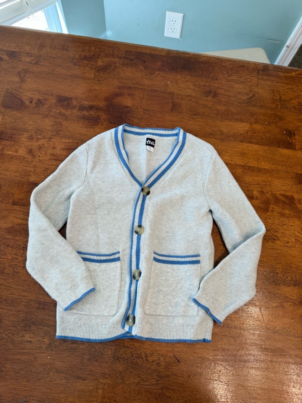 Tea Collection Gray & Blue Striped Cotton Knit Cardigan Sweater Kids Size S 4-5